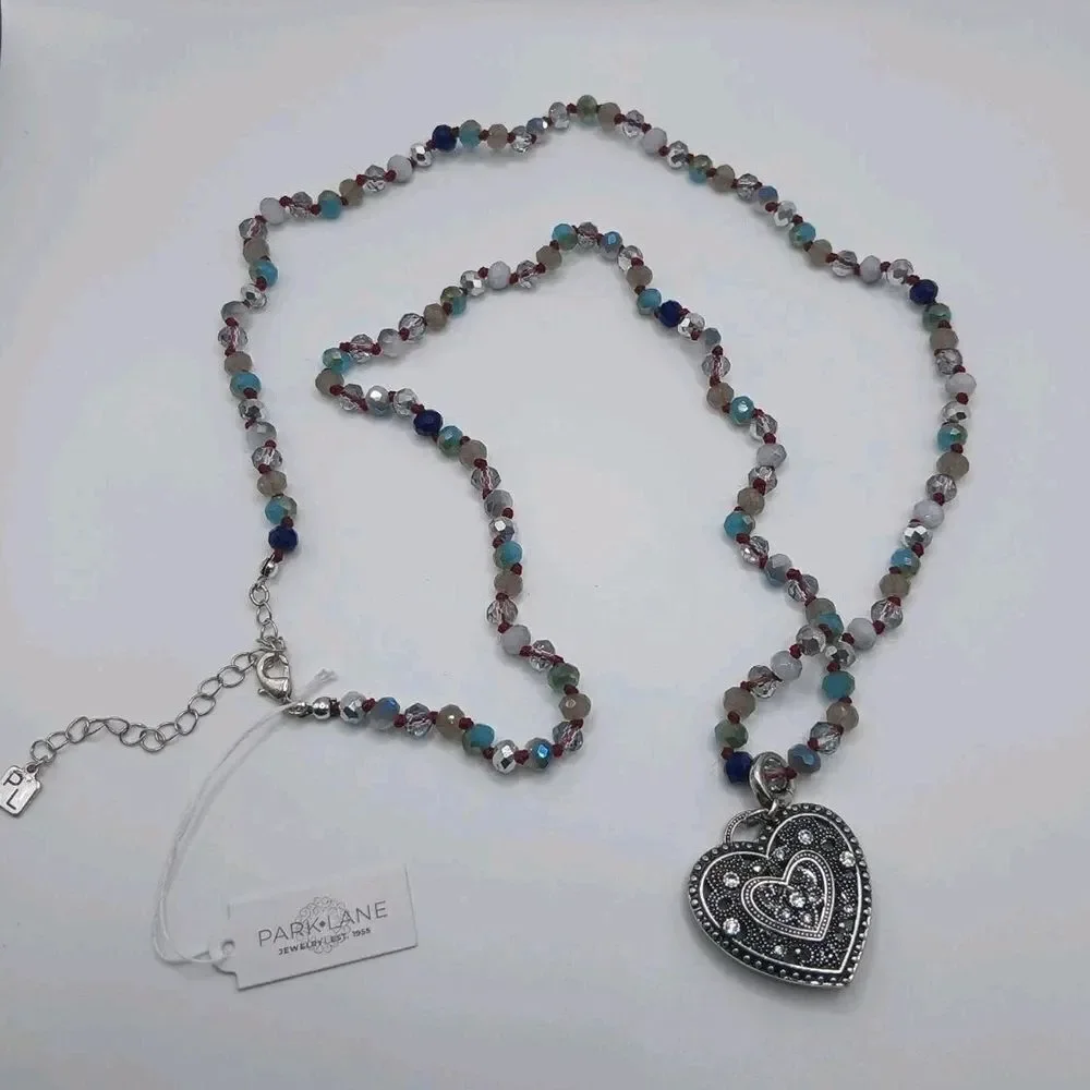 Silver Heart Pendant Necklace with Multicolor Beads